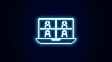 Parlayan neon hattı görüntülü sohbet konferansı simgesi siyah arkaplanda izole edildi. Çevrimiçi iş görüşmesi formu. Uzak proje yönetimi. 4K Video hareketli grafik canlandırması.