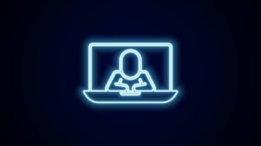 Parlayan neon hattı görüntülü sohbet konferansı simgesi siyah arkaplanda izole edildi. Çevrimiçi iş görüşmesi formu. Uzak proje yönetimi. 4K Video hareketli grafik canlandırması.
