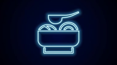 Siyah arka planda izole edilmiş erişte ikonuyla parlayan neon hattı Ramen çorbası kasesi. Bir kase geleneksel Asya erişte çorbası. 4K Video hareketli grafik canlandırması.