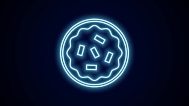 Parlayan neon hattı, siyah arka planda izole edilmiş ev yapımı turta ikonu. 4K Video hareketli grafik canlandırması.