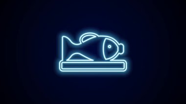 Parlayan neon hattı siyah arka planda izole edilmiş bir tabak ikonunda balık servis ediyordu. 4K Video hareketli grafik canlandırması.