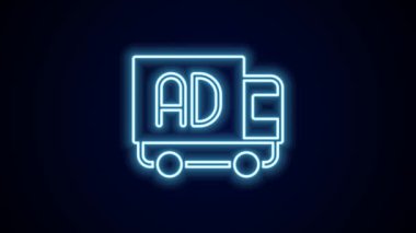 Kamyon simgesinde parlayan neon hattı reklamı siyah arkaplanda izole edildi. Pazarlama ve tanıtım süreci kavramı. İlgili reklamlar. Sosyal medya reklamcılığı. 4K Video hareketli grafik canlandırması.