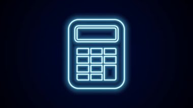 Parlayan neon hattı hesap makinesi simgesi siyah arkaplanda izole edildi. Muhasebe sembolü. İş hesaplamaları matematik eğitimi ve finans. 4K Video hareketli grafik canlandırması.