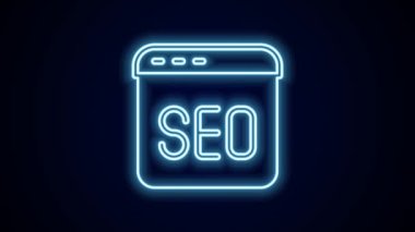 Parlayan neon hattı SEO optimizasyon simgesi siyah arkaplanda izole edildi. 4K Video hareketli grafik canlandırması.
