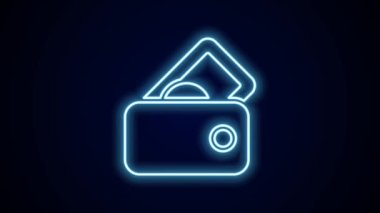 Siyah arka planda para ikonu olan parlak neon çizgili cüzdan. Çanta ikonu. Nakit tasarruf sembolü. 4K Video hareketli grafik canlandırması.