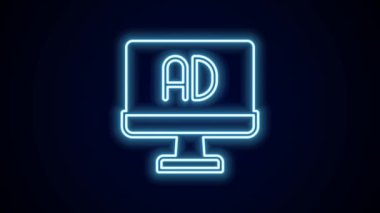 Parlayan neon hattı reklam simgesi siyah arkaplanda izole edildi. Pazarlama ve tanıtım süreci kavramı. İlgili reklamlar. Sosyal medya reklamcılığı. 4K Video hareketli grafik canlandırması.