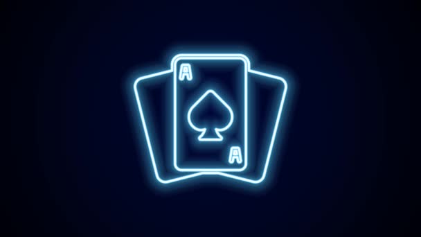 Gloeiende Neon Lijn Speelkaarten Pictogram Geïsoleerd Zwarte Achtergrond Casino Gokken — Stockvideo