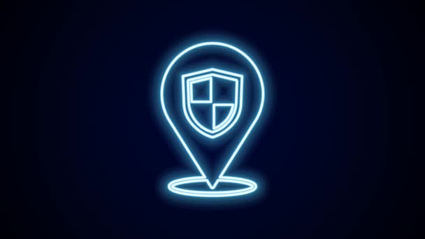 发光的霓虹灯线位置保护图标隔离在黑色背景 保险概念 守卫标志 隐私概念 4K视频运动图形动画 — 图库视频影像