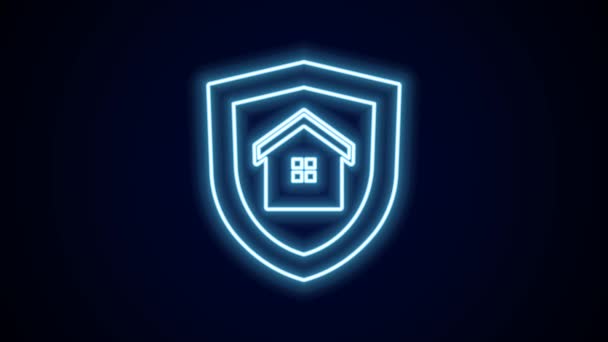 发光的霓虹灯线房子与盾牌图标隔离在黑色背景 保险概念 保护概念 4K视频运动图形动画 — 图库视频影像