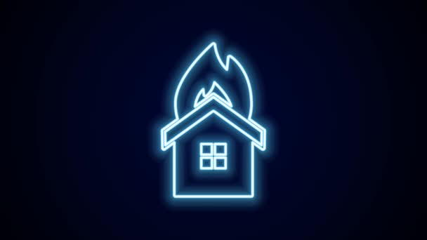 Glödande Neon Line Brand Brinnande Hus Ikon Isolerad Svart Bakgrund — Stockvideo