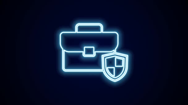 Glowing Neon Line Briefcase Shield Icon Isolated Black Background Insurance — Stock Video