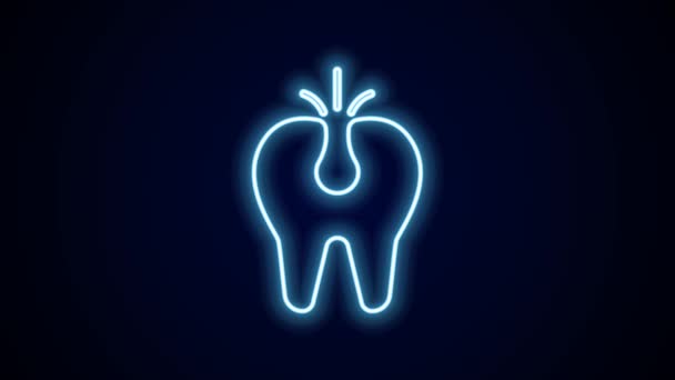 Gloeiende Neon Lijn Gebroken Tand Pictogram Geïsoleerd Zwarte Achtergrond Tandheelkundig — Stockvideo