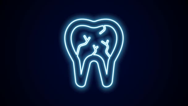 发光的霓虹灯线断齿图标孤立在黑色背景 牙齿问题图标 牙科护理的象征 4K视频运动图形动画 — 图库视频影像
