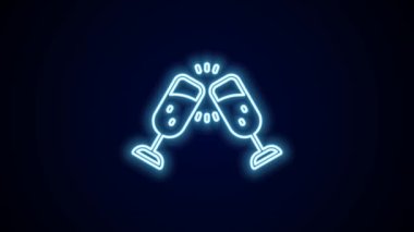 Parlayan neon hattı. Siyah arka planda izole edilmiş şampanya ikonu. Mutlu Noeller ve mutlu yıllar. 4K Video hareketli grafik canlandırması.