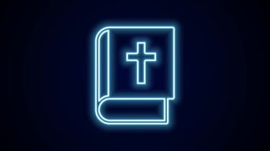 Parlayan neon hattı kutsal kitap ikonu siyah arka planda izole edildi. 4K Video hareketli grafik canlandırması.