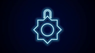 Parlayan neon hattı, siyah arka planda izole edilmiş Noel oyuncağı ikonu. Mutlu Noeller ve mutlu yıllar. 4K Video hareketli grafik canlandırması.