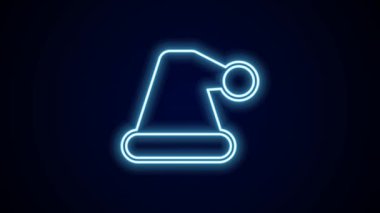Parlayan neon hattı Noel Baba şapkası simgesi siyah arka planda izole edilmiş. Mutlu Noeller ve mutlu yıllar. 4K Video hareketli grafik canlandırması.
