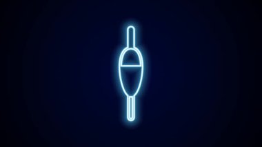 Parlayan neon hattı Balıkçılık yüzen ikonu siyah arkaplanda izole edildi. Balık oltası. 4K Video hareketli grafik canlandırması.