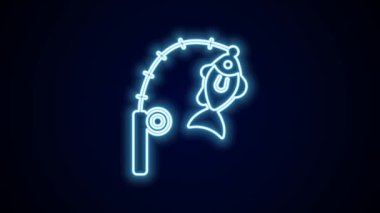 Parlayan neon hattı. Balıkçı oltası ve balık ikonu siyah arka planda izole edilmiş. Balıkçılık ekipmanları ve balık çiftliği konuları. 4K Video hareketli grafik canlandırması.