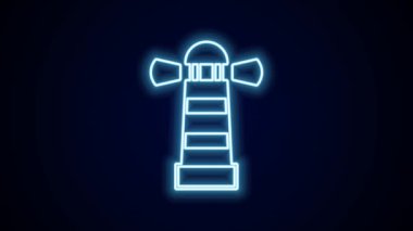 Parlayan neon hattı deniz feneri simgesi siyah arkaplanda izole edildi. 4K Video hareketli grafik canlandırması.