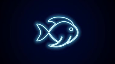 Parlayan neon hattı. Siyah zemin üzerinde balık simgesi izole edildi. 4K Video hareketli grafik canlandırması.