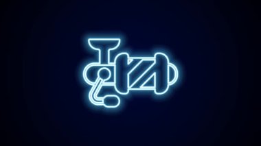 Siyah arka planda izole edilmiş balıkçı ikonu için parlayan neon halat makarası. Balık bobini. Balık oltası. 4K Video hareketli grafik canlandırması.