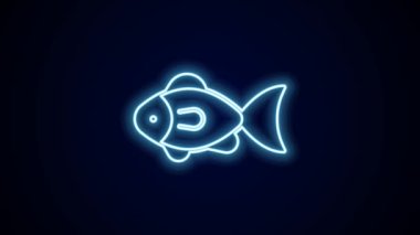 Parlayan neon hattı. Siyah zemin üzerinde balık simgesi izole edildi. 4K Video hareketli grafik canlandırması.