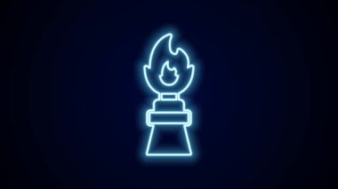 Siyah arka planda izole edilmiş ateş ikonu ile parlayan neon hattı petrol platformu. Yangın kazası. Gaz kulesi. Endüstriyel nesne 4K Video hareketli grafik canlandırması.