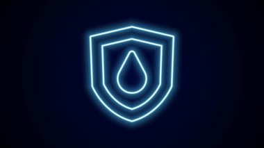 Siyah arkaplanda izole edilmiş kalkan simgesine parlayan neon hattı yağı damlası. 4K Video hareketli grafik canlandırması.