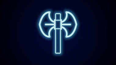 Parlayan neon hattı Ortaçağ kutup balta simgesi siyah arkaplanda izole edildi. 4K Video hareketli grafik canlandırması.