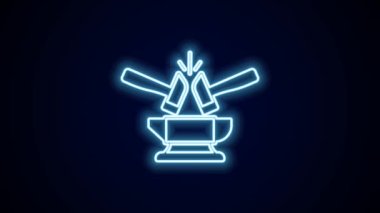 Siyah arkaplanda parlayan neon hattı demirci örs aracı ve çekiç simgesi izole edildi. Metal dövmesi. Kalpazanlık aleti. 4K Video hareketli grafik canlandırması.