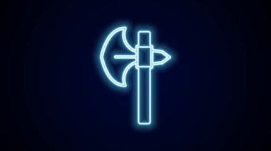 Parlayan neon hattı Ortaçağ balta simgesi siyah arka planda izole edildi. Savaş baltası, cellat baltası. Ortaçağ silahı. 4K Video hareketli grafik canlandırması.