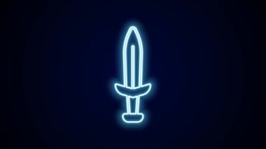 Parlayan neon hattı Ortaçağ kılıç ikonu siyah arka planda izole edildi. Ortaçağ silahı. 4K Video hareketli grafik canlandırması.