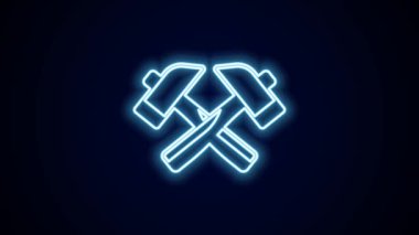 Parlayan neon hattı siyah arka planda izole edilmiş çekiç simgesini çaprazladı. Tamir için bir araç. 4K Video hareketli grafik canlandırması.