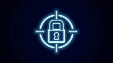 Parlayan neon çizgi simgesi siyah arkaplanda izole edildi. Asma kilit işareti. Güvenlik, güvenlik, koruma, gizlilik kavramı. 4K Video hareketli grafik canlandırması.