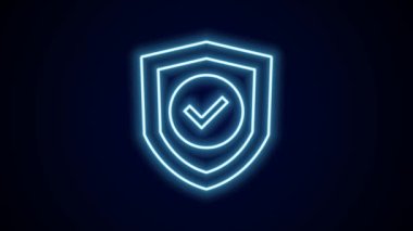 Siyah arkaplanda işaret simgesi olan parlayan neon hattı kalkanı. Koruma sembolü. Güvenlik kontrolü Simge. Kene izi onaylı simge. 4K Video hareketli grafik canlandırması.