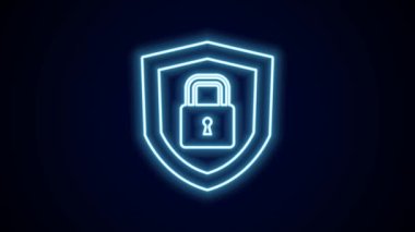 Siyah arka planda kilit simgesi izole edilmiş parlak neon hat kalkan güvenliği. Koruma, güvenlik, şifre güvenliği. Güvenlik duvarı gizlilik levhası. 4K Video hareketli grafik canlandırması.