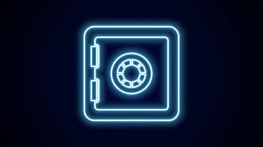 Parlayan neon hattı siyah arkaplanda güvenli simge. Kapı, şifreli bir banka kasası. Güvenilir Veri Koruma. 4K Video hareketli grafik canlandırması.