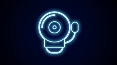 Parlayan neon hattı alarm zili simgesi siyah arkaplanda izole edildi. Yangın alarmı. Servis zili, el zili işareti, uyarı sembolü. 4K Video hareketli grafik canlandırması.