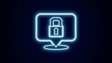 Parlayan neon çizgi simgesi siyah arkaplanda izole edildi. Asma kilit işareti. Güvenlik, güvenlik, koruma, gizlilik kavramı. 4K Video hareketli grafik canlandırması.