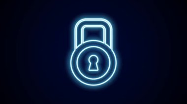 Parlayan neon çizgi simgesi siyah arkaplanda izole edildi. Asma kilit işareti. Güvenlik, güvenlik, koruma, gizlilik kavramı. 4K Video hareketli grafik canlandırması.