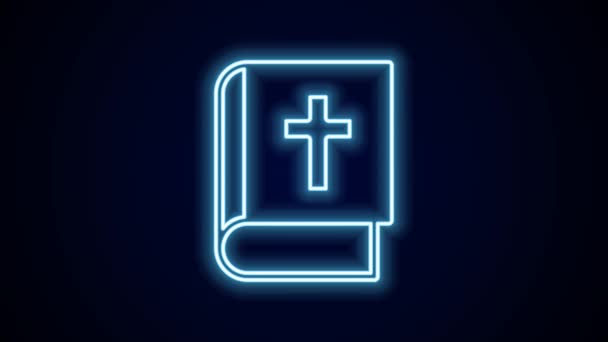 Linea Neon Incandescente Icona Del Libro Della Sacra Bibbia Isolata — Video Stock