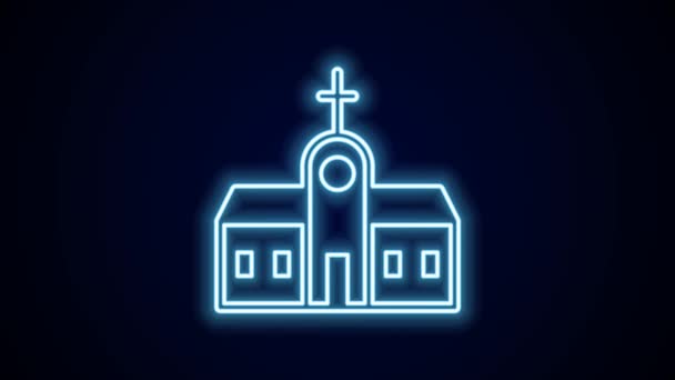 发光的霓虹灯线教堂建筑图标孤立在黑色背景 基督教会教会的宗教 4K视频运动图形动画 — 图库视频影像