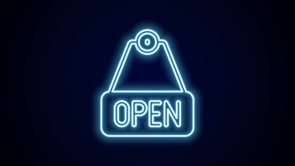 Gloeiende Neon Lijn Opknoping Bord Met Tekst Open Deur Pictogram — Stockvideo