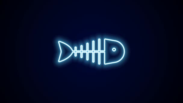 发光的霓虹灯线鱼骨骼图标孤立在黑色背景 鱼骨头的标志 4K视频运动图形动画 — 图库视频影像