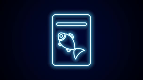 发亮的霓虹灯线在盘子图标上伺候鱼 在黑色背景上隔离开来 4K视频运动图形动画 — 图库视频影像