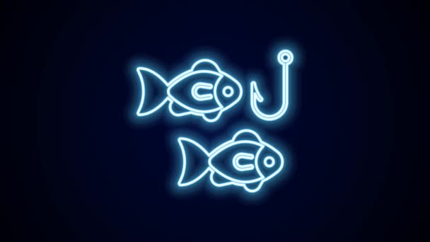 Glowing Neon Line Fishing Hook Water Fish Icon Isolated Black — Stock Video