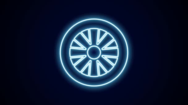 Glowing Neon Line Alloy Wheel Car Icon Isolated Black Background — Vídeo de Stock