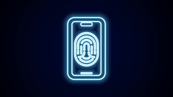 Glödande Neon Line Smartphone Med Fingeravtrycksläsare Ikon Isolerad Svart Bakgrund — Stockvideo