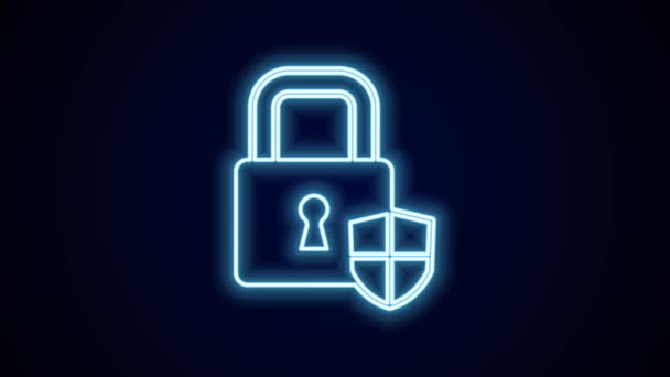 Glowing Neon Line Shield Security Lock Icon Isolated Black Background — Stock Video